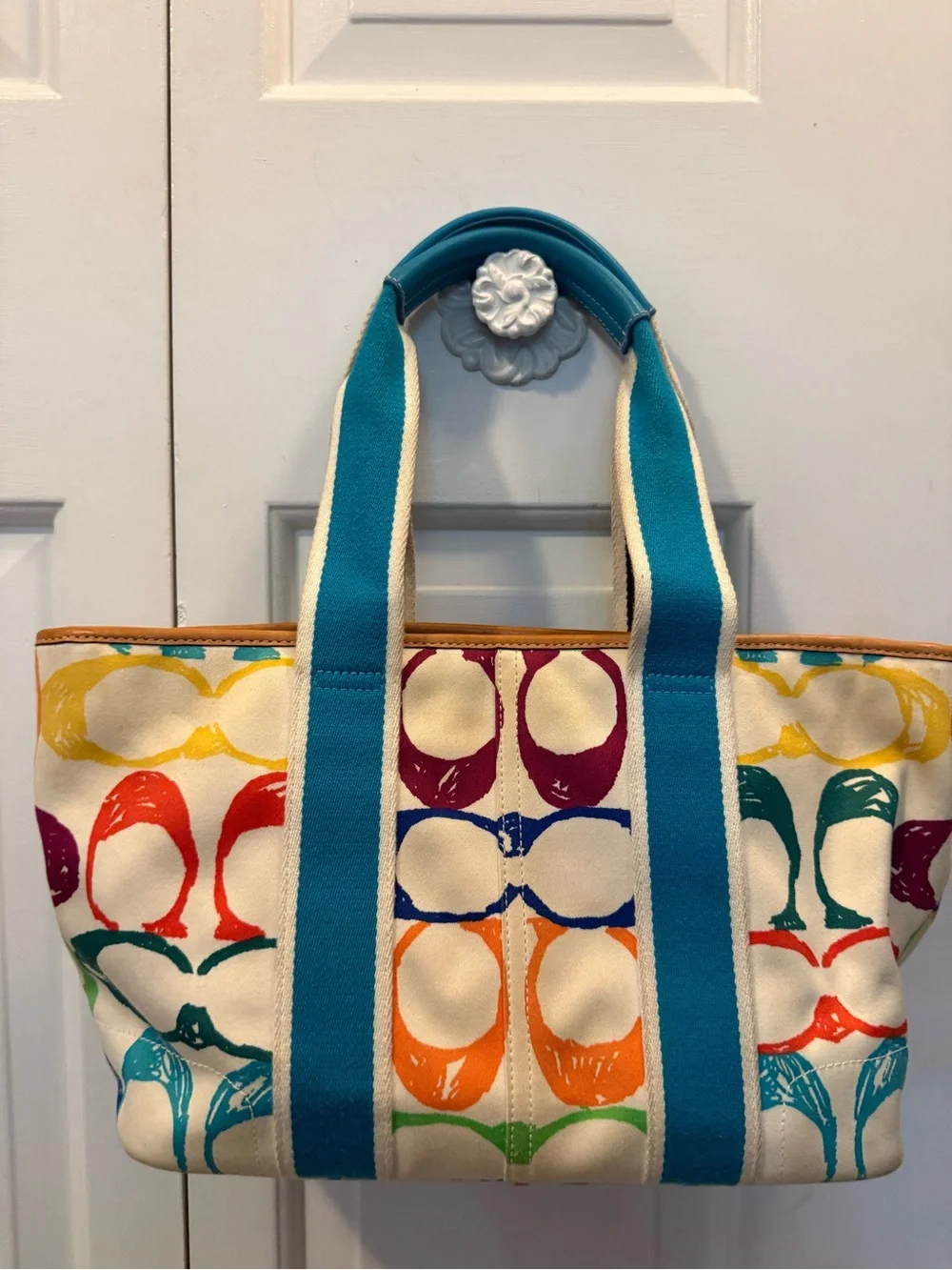 Coach Multicolor Canvas Tote with Teal Straps